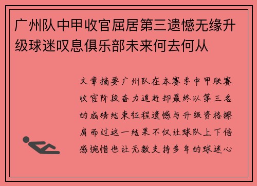 广州队中甲收官屈居第三遗憾无缘升级球迷叹息俱乐部未来何去何从